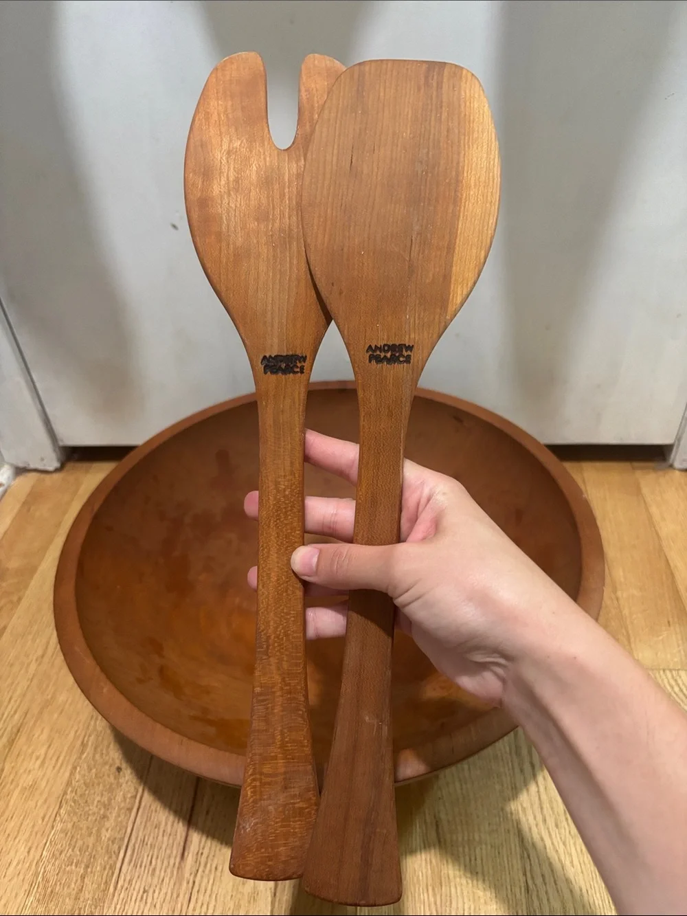 ANDREW PEARCE large Champlain wood bowl in cherry with wood oil and two servers